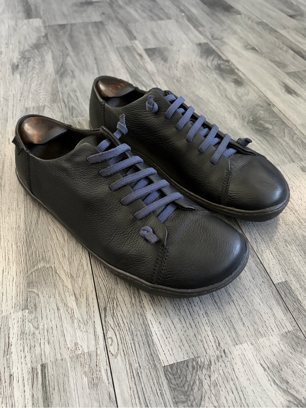Camper Peu Cami Black Leather Sneakers with Blue Laces